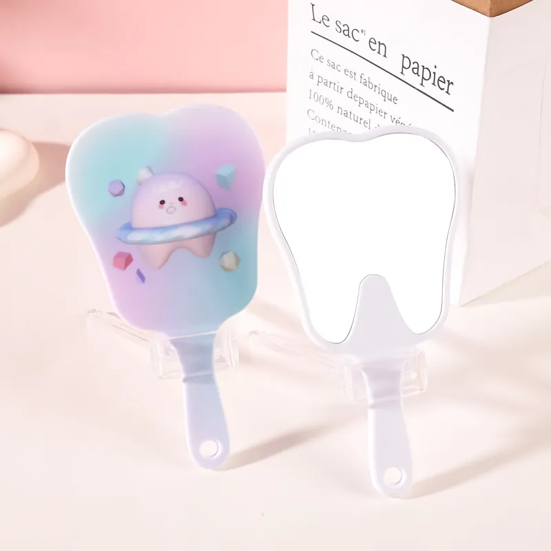 Handheld Makeup Mirror Tooth Shaped Portable Plastic Vanity Cosmetic Beauty Tool For Daily Use Cute Cartoon Style