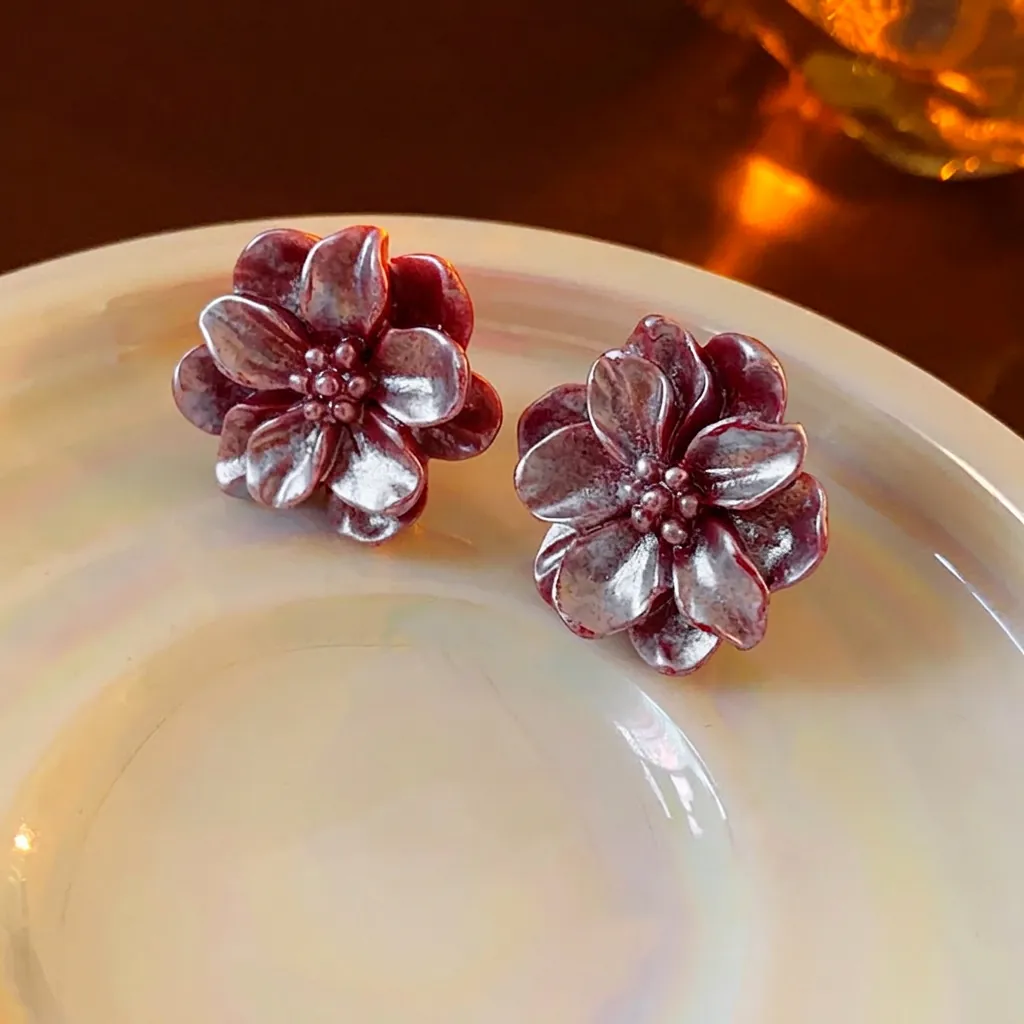 Boucles D Oreilles Fleur Double Couche Vintage Avec Tige En Argent Bijoux Floraux Chic En Résine Pour Femmes Rouge Bourgogne