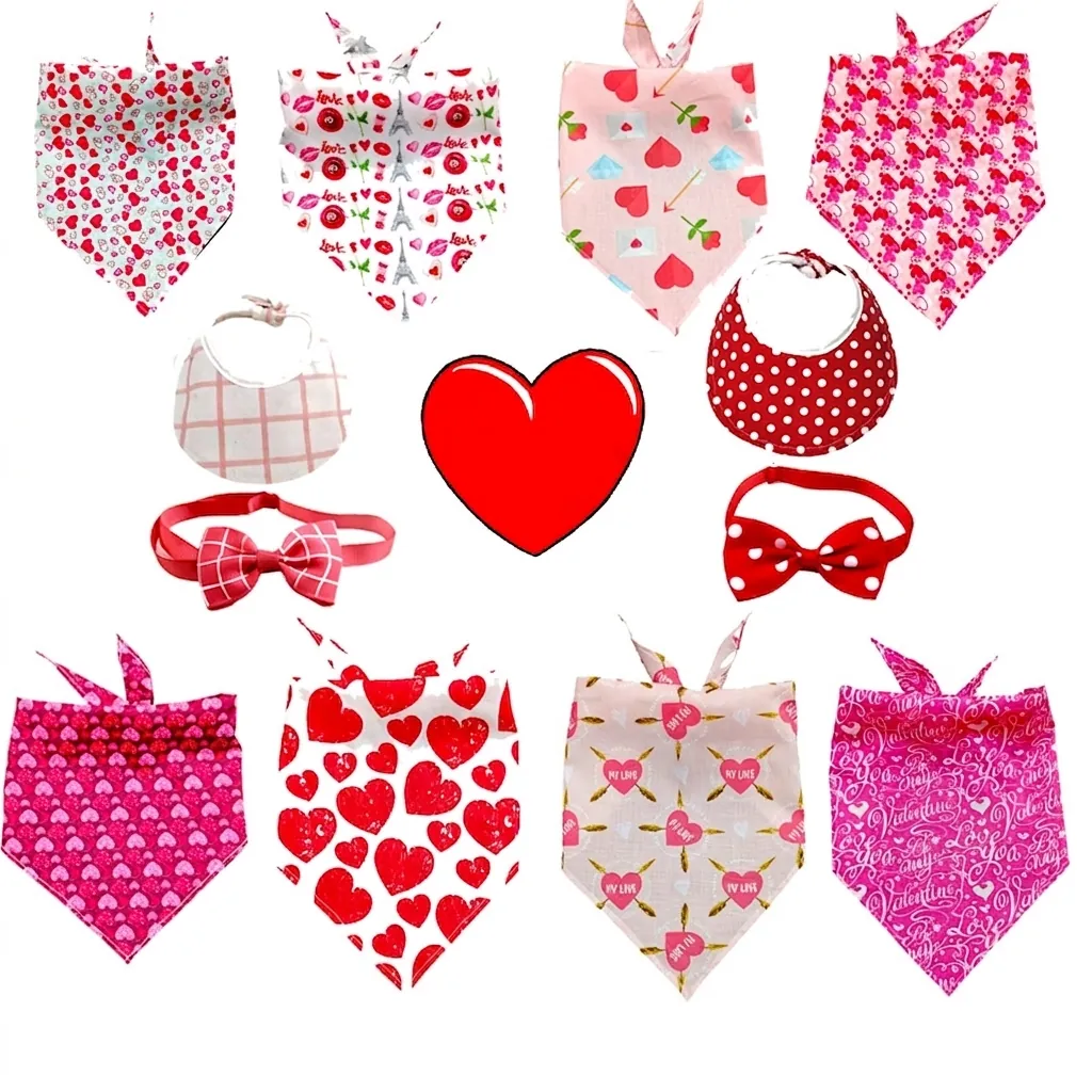 Valentine Day Pet Bandana Scarf Hat And Bowtie Heart Print Adjustable Cotton Accessory For Dogs Cats