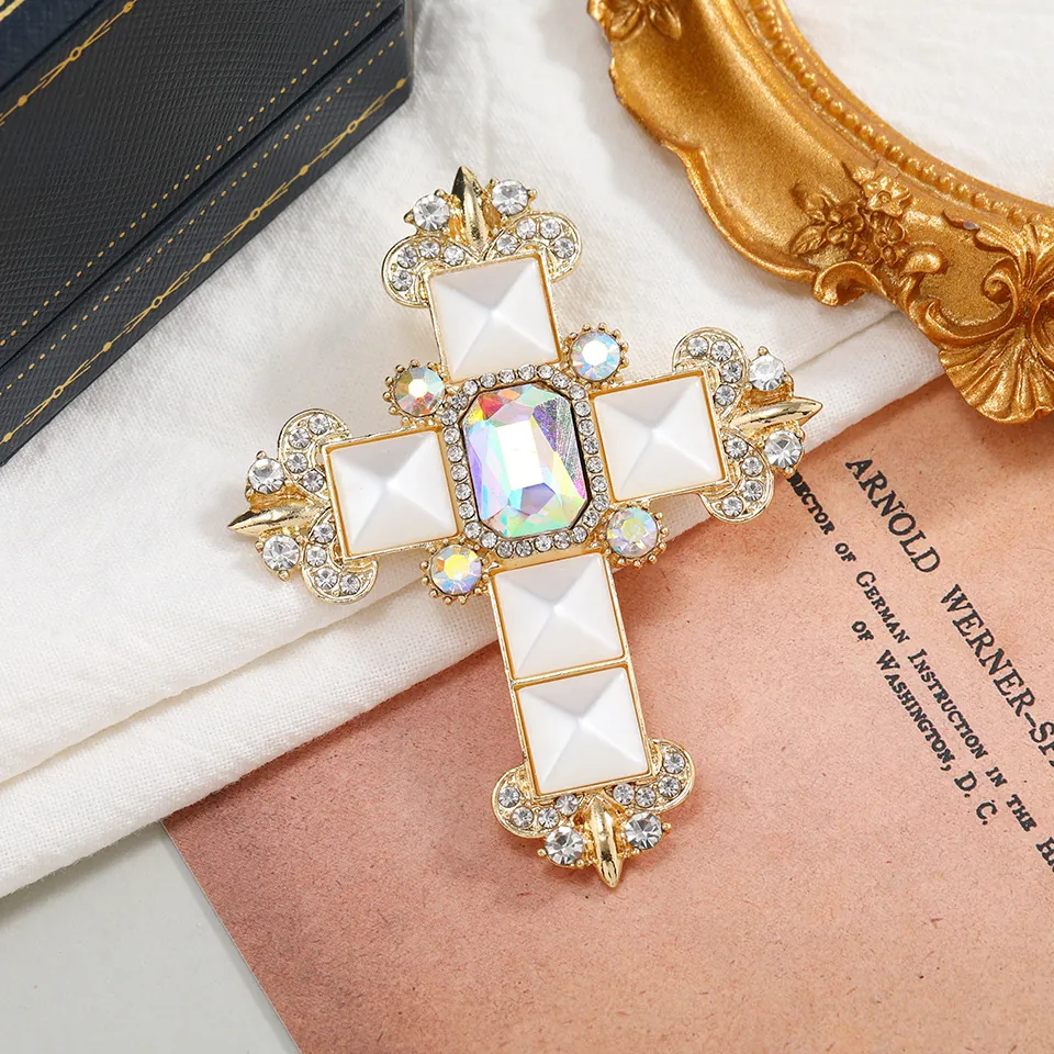 Vintage Baroque Cross Brooch Pin Alloy Rhinestone Crystal Palace Style Gothic Jewelry For Women