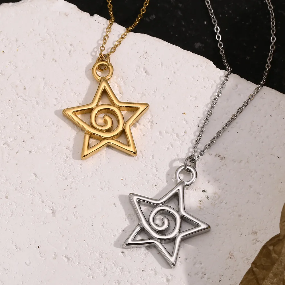 Stainless Steel Star Pendant Necklace 18K Gold Plated Spiral Swirl Pattern Chic Minimalist Niche Design Jewelry For Women