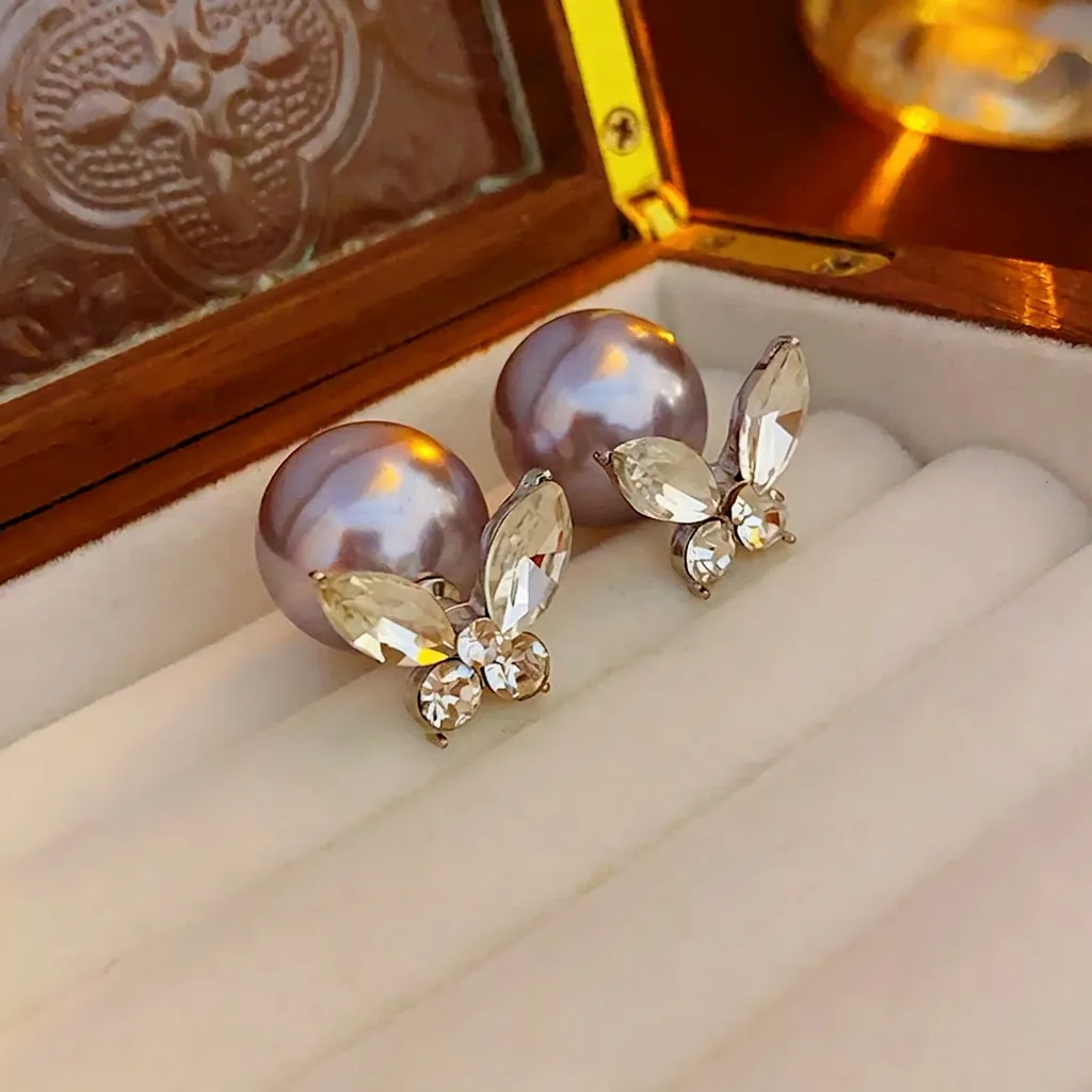 Boucles D'oreilles Papillon Künstliche Perle Zircon Cuivre Avec Tige En Argent Bijoux Délicats Pour Femmes