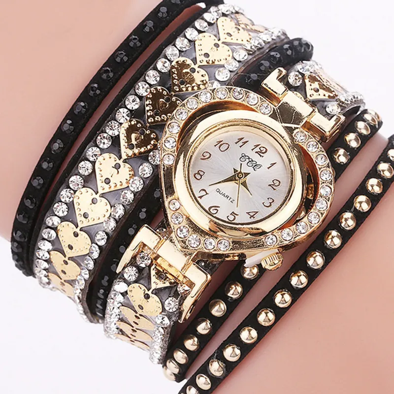 Women Wrap Around Bracelet Watch Rhinestone Heart Shaped Dial Multi Layer PU Leather Strap Quartz Analog Fashion