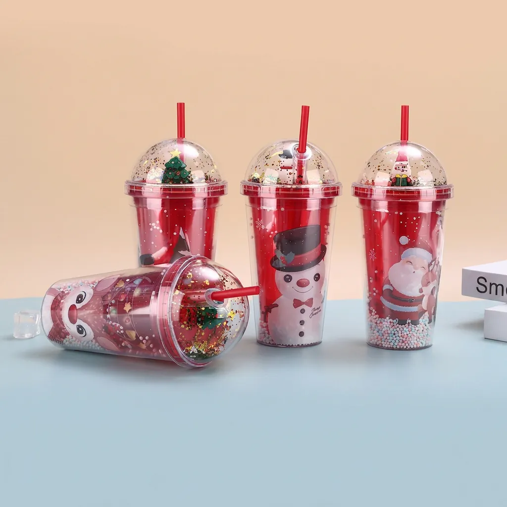 Christmas Double Layer Plastic Straw Cup Cartoon Santa Snowman 3D Lid Portable Reusable Holiday Gift Tumbler