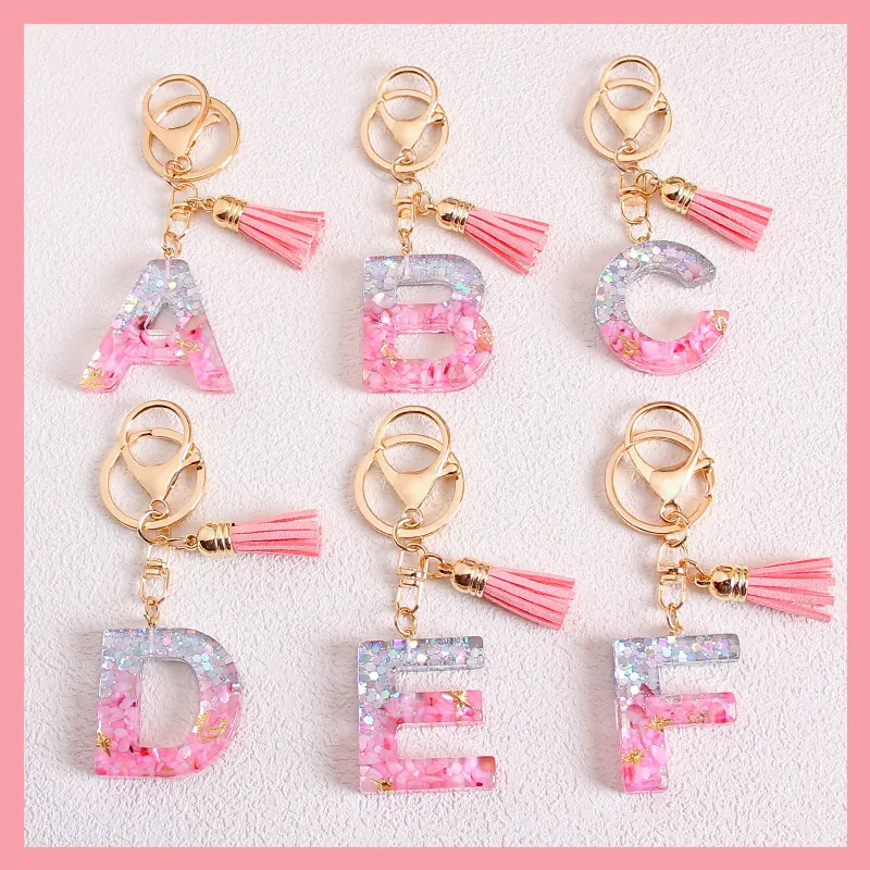 Fashion Glitter Resin English Letter Keychain With Colorful Tassel Gold Metal Key Ring Pendant Alphabet Jewelry For Women