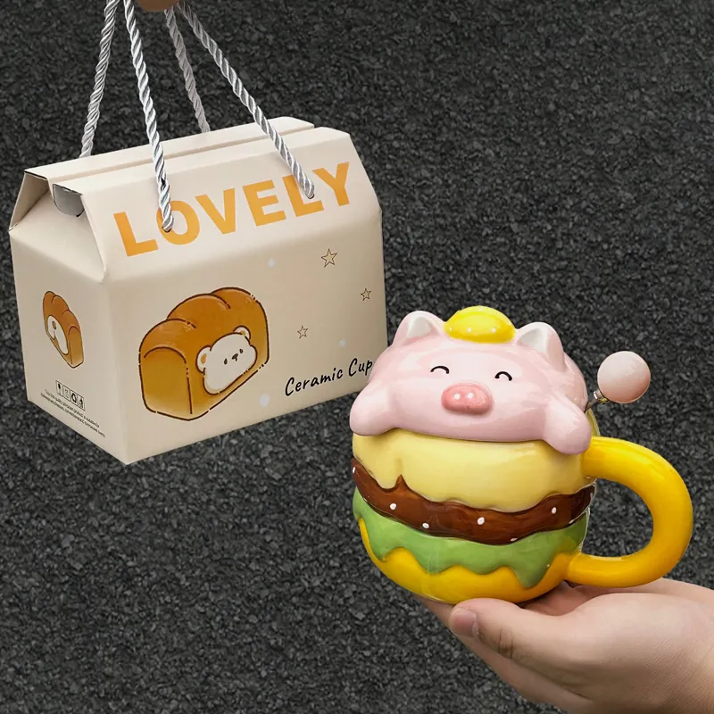 Cute Cartoon Hamburger Ceramic Mug With Lid And Spoon 3D Animal Design Porcelain Drinking Cup Home Office Gift