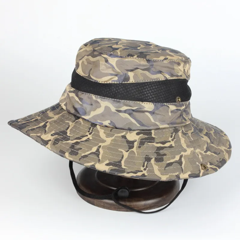 Camouflage Bucket Hat Wide Brim Breathable Mesh Adjustable Chin Strap Outdoor Hiking Fishing Sun Protection Quick Dry