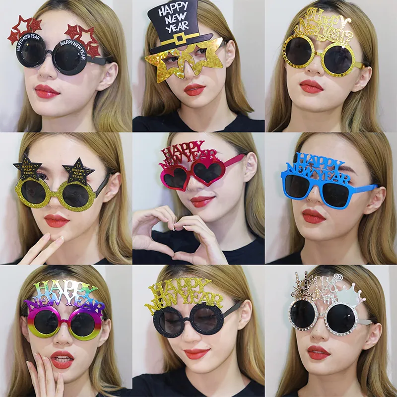 Happy New Year Party Sunglasses Plastic Glitter Decorative Glasses Photo Props For New Year Eve Celebration Masquerade