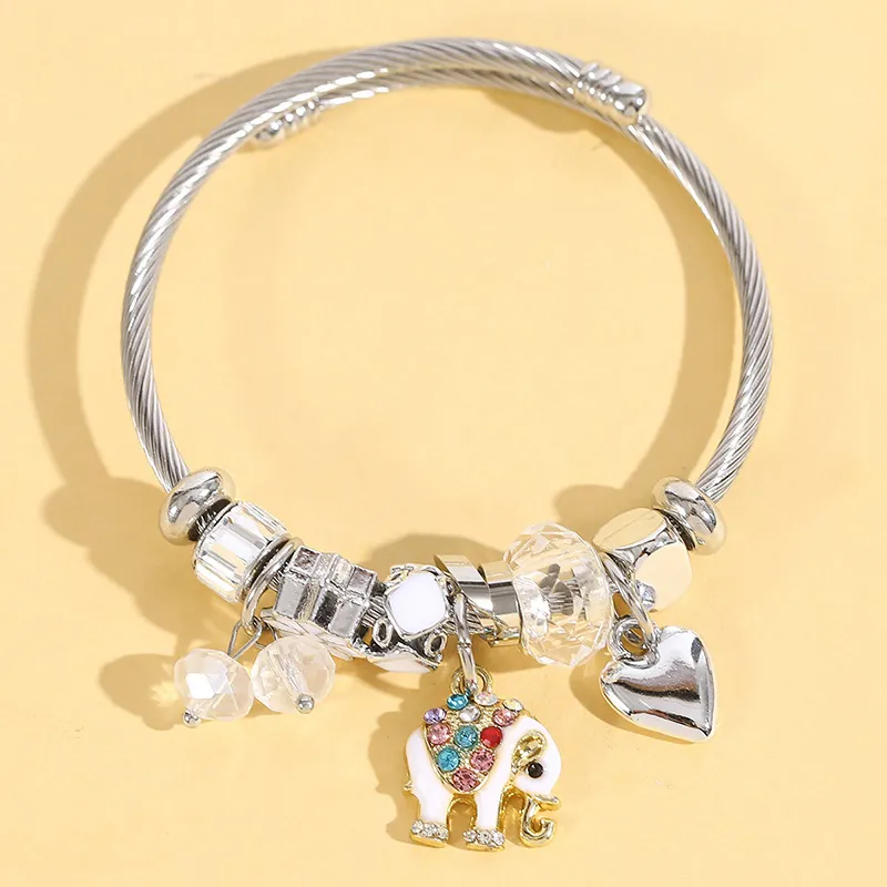 Bohemian Stainless Steel Wire Bangle Bracelet For Women With Alloy Elephant Heart Multi-Color Rhinestone Crystal Beads