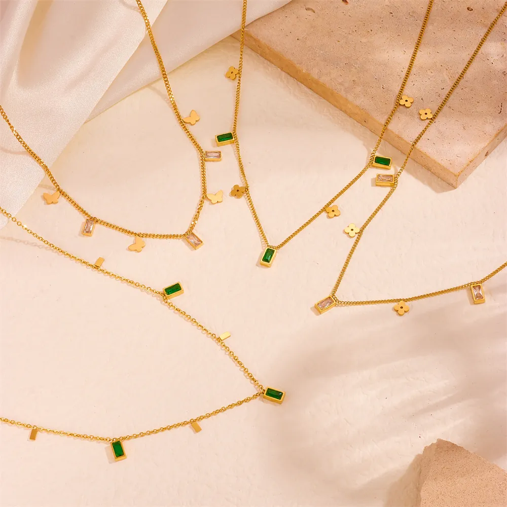 Vintage Stainless Steel Gold Plated Multi Pendant Butterfly Flower Square Green White Rhinestone Tassel Necklace Jewelry For Women
