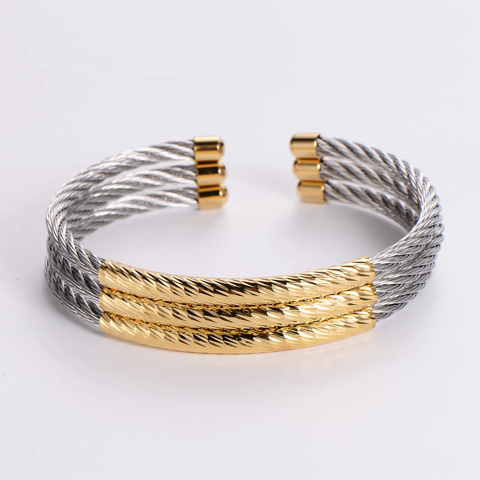 Triple Layer Cable Wire Bracelet Stainless Steel Two-Tone Plated Men Open Cuff Jewelry Streetwear Simple Fashion