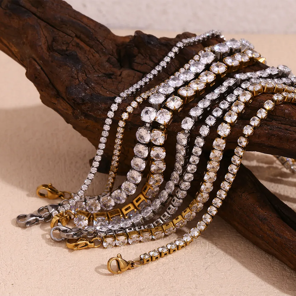 Elegant Stainless Steel 18K Gold Plated Tennis Bracelet For Women Minimalist Rhinestone Inlaid Chain Link Bracelet Jewelry