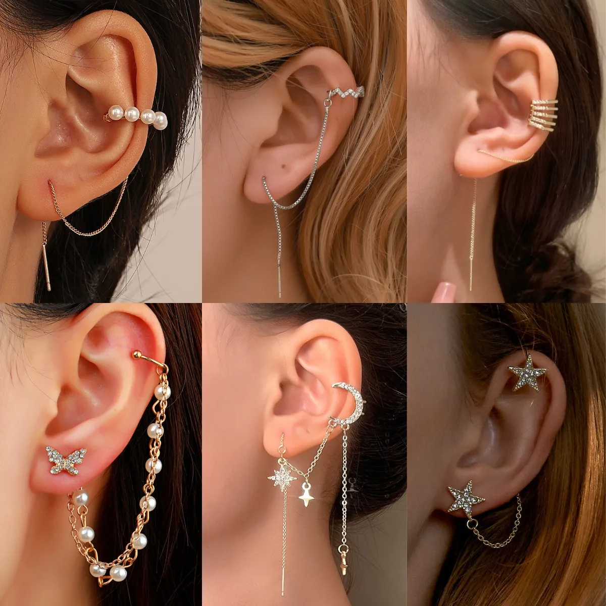 Trendy Copper Rhinestone Ear Crawler Crawler Earrings Geometric Star Moon Butterfly Tassel Ear Wire For Women Jewelry Gift
