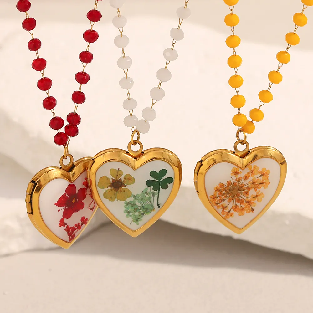 Heart Locket Necklace Stainless Steel 18K Gold Plated Real Dried Flower Beaded Chain Bohemian Vintage Jewelry For Women