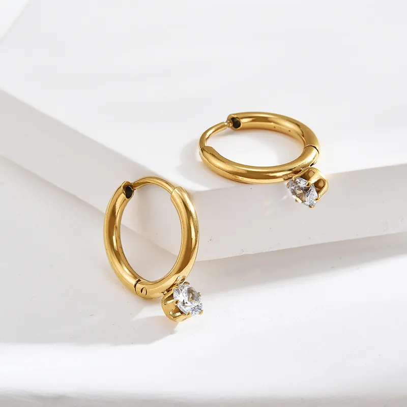 Mini Hoop Drop Earrings With Zircon Pendant Stainless Steel Gold Plated Minimalist Simple Jewelry For Women