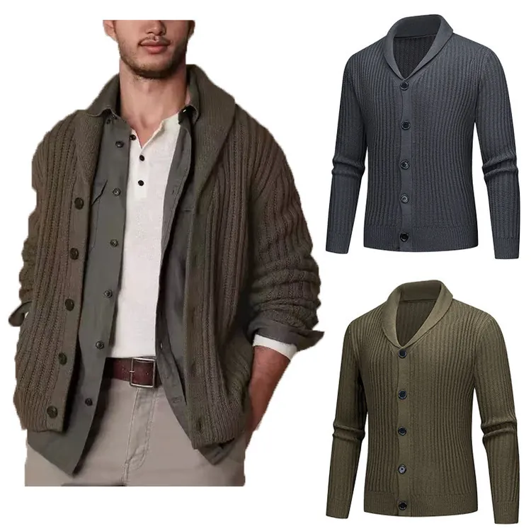 Men's Shawl Collar Knitted Cardigan Acrylic Vertical Striped Long Sleeve Button Down Sweater Casual Autumn Winter Warm Top