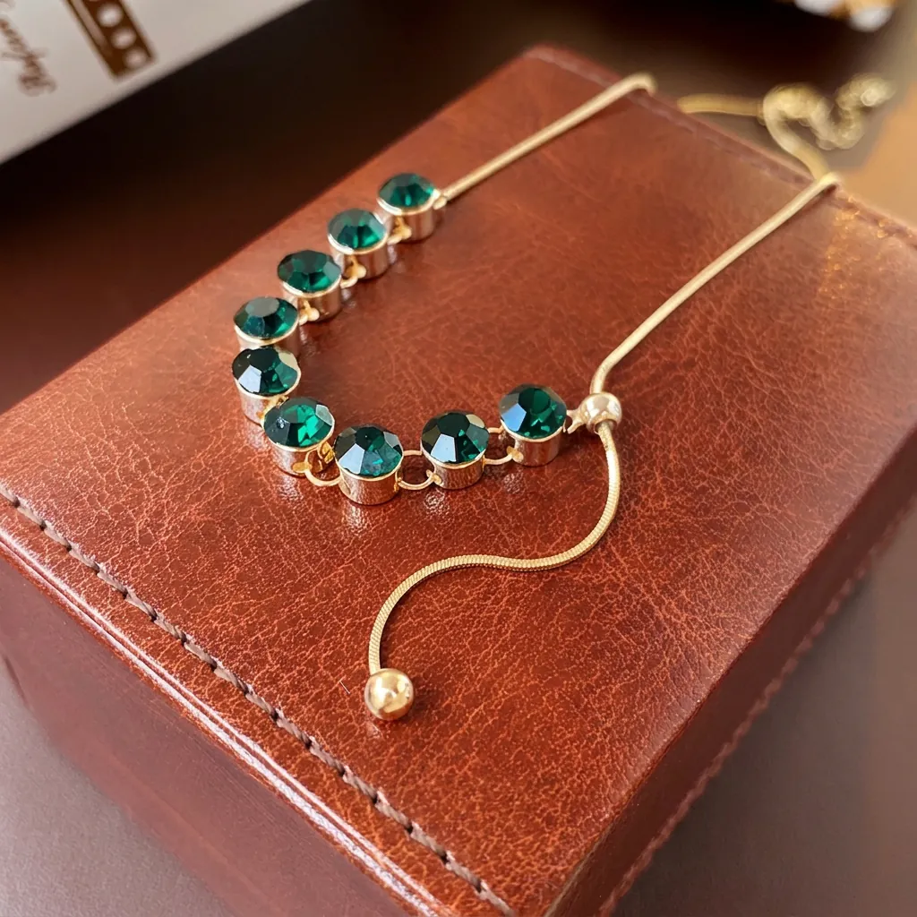 Collana Con Ciondolo In Zircone Verde Smeraldo Rame Placcato Oro Catena Serpente Fibbia Scorrevole Regolabile Gioielli Retrò Donna
