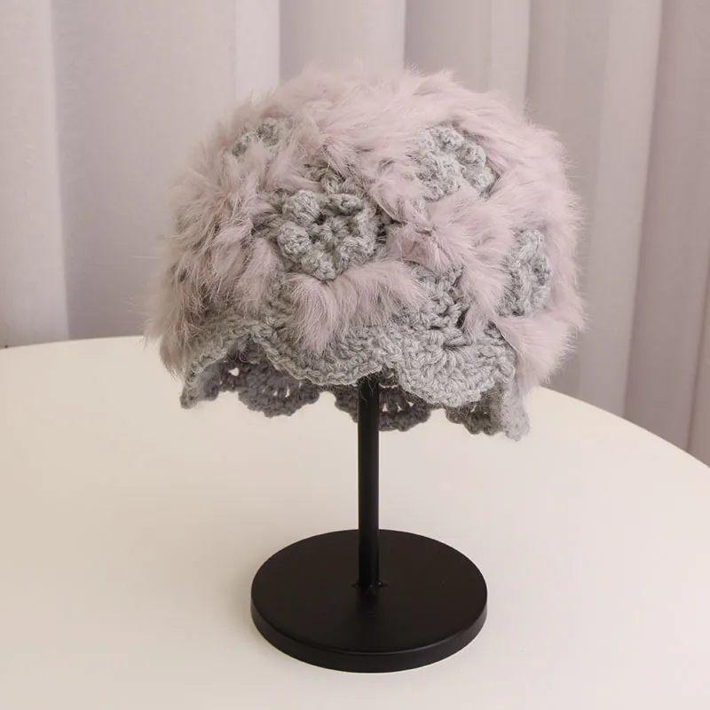 Women Warm Winter Beanie Hat Handmade Crochet Rabbit Fur Blend Knitted Wool Hollow Flower Skull Cap Korean Style