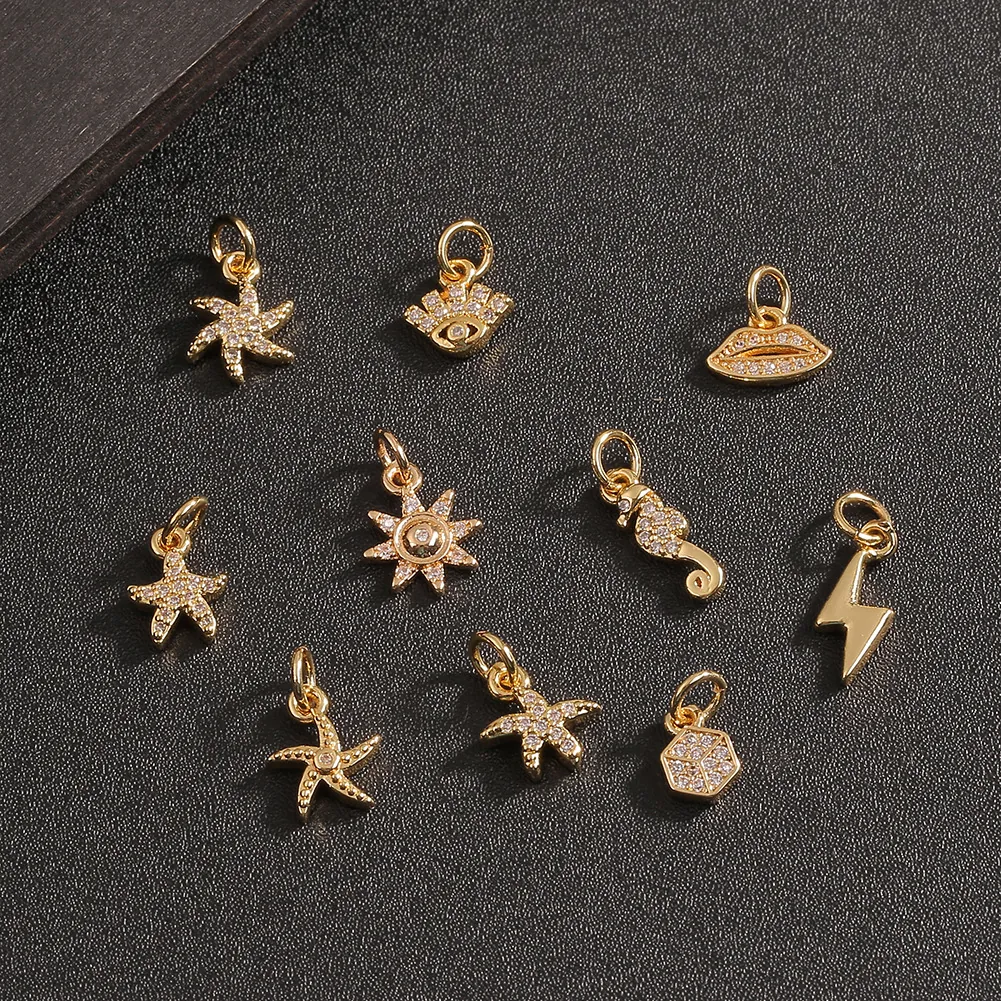 DIY Sieraden Maken Bedeltjes Koper Verguld Zirkoon Ingelegd Zeester Zon Zeepaardje Bliksem Oog Lippen Vorm Mode Componenten