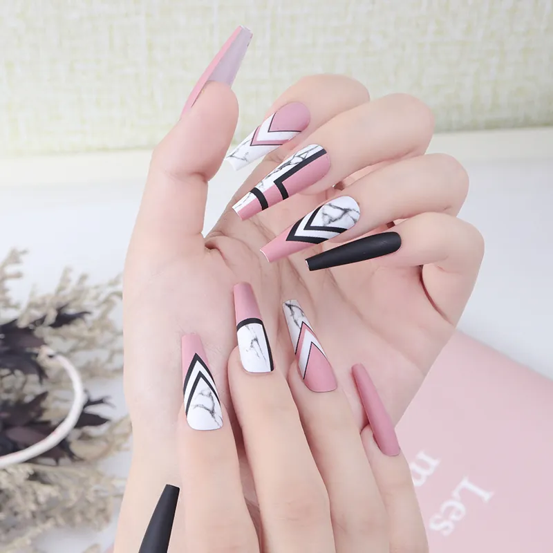 Matte Pink Black Marble Press On Nails Long Coffin Shape Geometric Line Pattern Artificial Fake Finger Nails For Women
