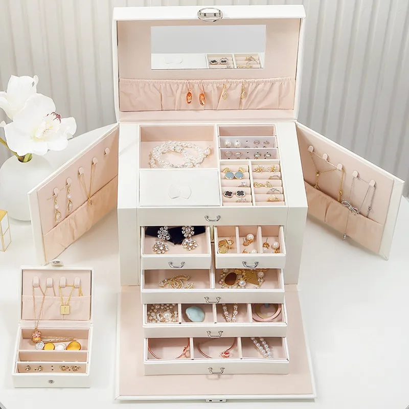 Jewelry Organizer Case PU Leather Multi Layer Large Capacity With Mirror Lock Desktop Storage Elegant For Women