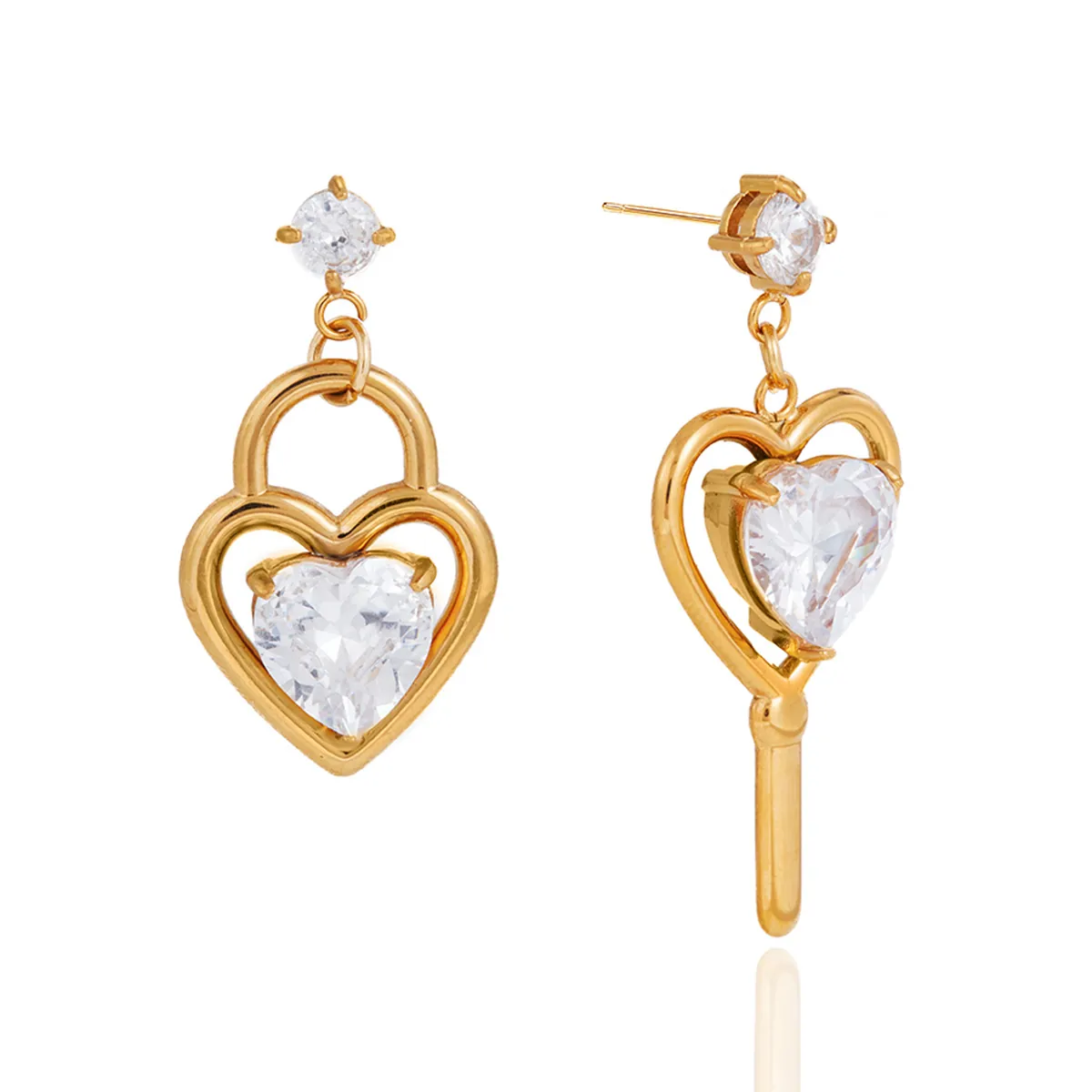 Moda Placcato Oro 18K Acciaio Inossidabile Orecchini a Pendente Asimmetrici Cuore Serratura e Chiave Lusso Zircone Gioielli Donna