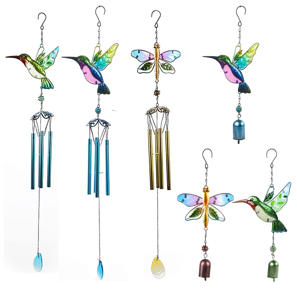 Hummingbird Dragonfly Wind Chimes Metal Glass Hand Painted Hanging Decor Outdoor Garden Bell Aluminum Tube Ornament