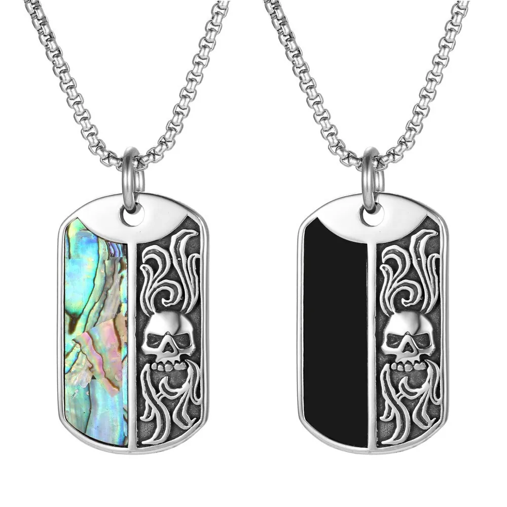 Men Stainless Steel Military Dog Tag Pendant Necklace Skull Flame Relief Abalone Shell Inlay Punk Goth Style
