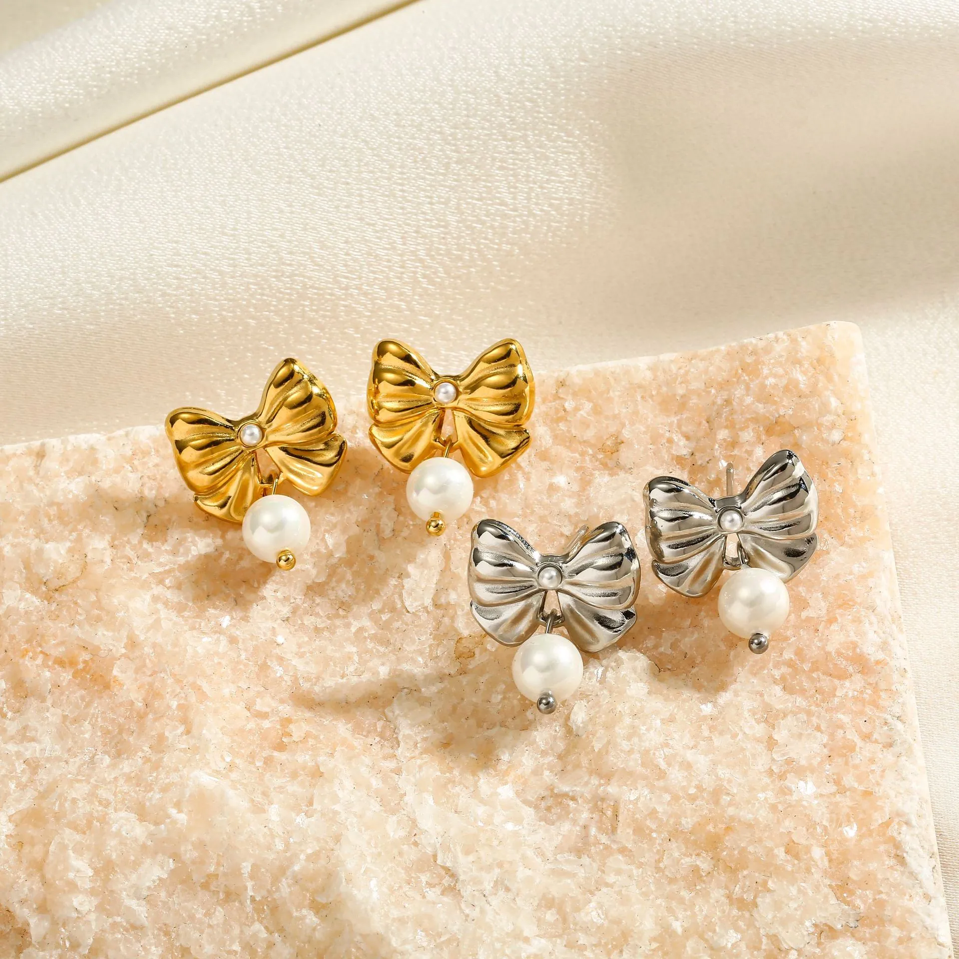 Titanium Steel Bowknot Artificial Pearl Earrings French Vintage Style Non Fading Jewelry For Women Elegant Studs