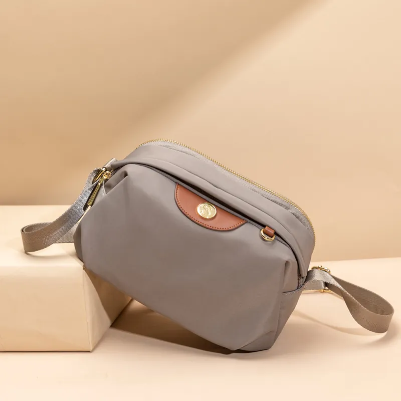 Women Oxford Cloth Crossbody Bag Waterproof Nylon Multi Pocket Shoulder Handbag Leather Trim Gold Hardware Leisure