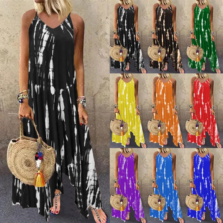 Women Tie Dye Maxi Dress Sleeveless V Neck Irregular Hem With Pockets Summer Holiday Bohemian Loose Casual Long Sundress