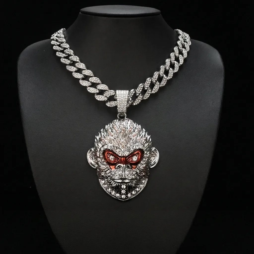 Collana Con Pendente Testa Di Scimmia Hip Hop Lega Strass Iced Out Catena A Maglia Cubana Gioielli