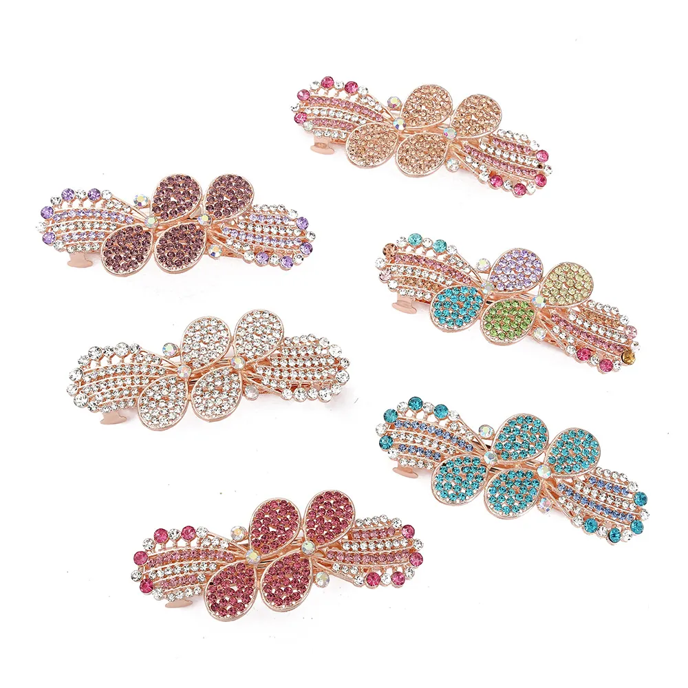Vintage Alloy Rhinestone Hair Clips Sparkling Bow Flower Design Elegant Spring Barrette For Women Girls Fashion