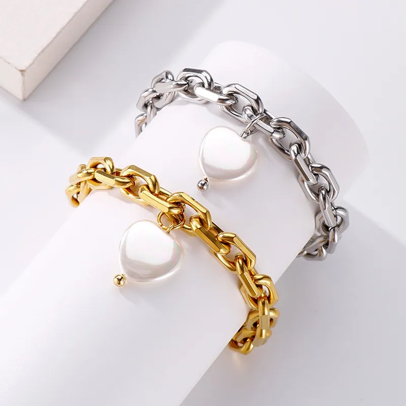 Herz Muschel Anhänger Dicke Gliederkette Armband Edelstahl Modeschmuck Retro Für Damen