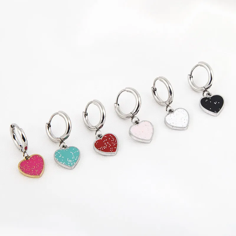Stainless Steel Heart Pendant Hoop Earrings Enamel Glitter Sweet Minimalist Fashion Jewelry For Women
