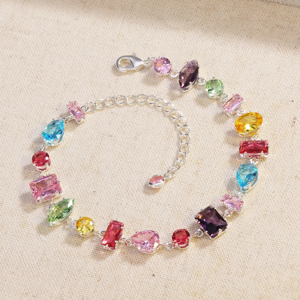 Fashion Colorful Zirconia Bracelet And Necklace Jewelry For Women Alloy Multi Shape Crystal Ins Style Trendy