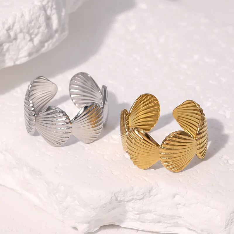 Anello Aperto Conchiglia Acciaio Inossidabile Placcato Oro 18K Regolabile Tema Oceano Spiaggia Estate Donna Regalo