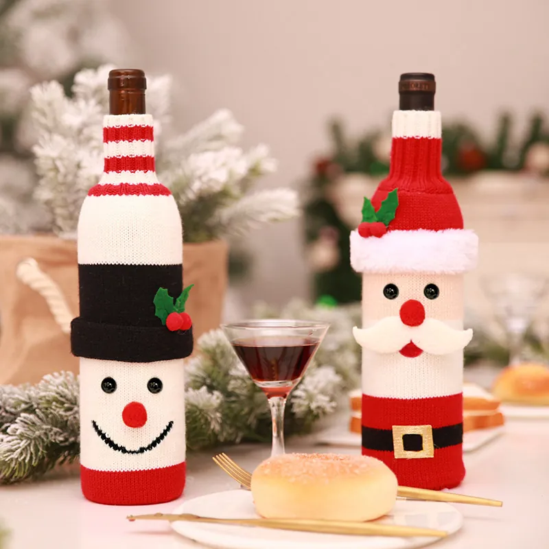 Knitted Christmas Wine Bottle Covers Santa Claus Snowman Holiday Dining Table Party Decoration Cute Decorative Festive