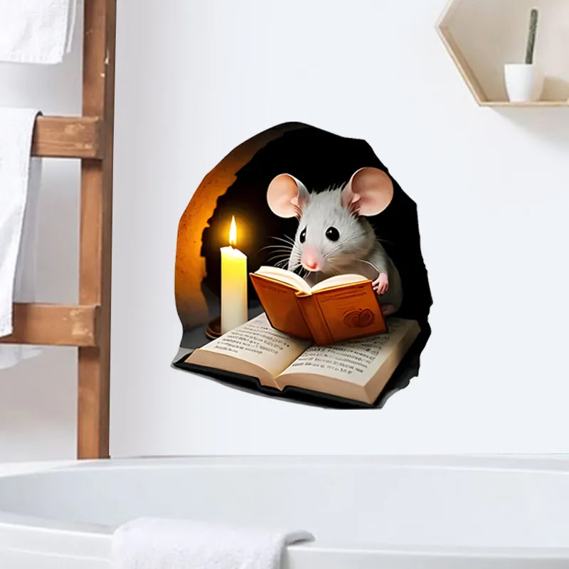 3D Mausloch Wandaufkleber Süße Maus Beim Lesen Peeking PVC Aufkleber Für Fußleisten Treppen Wohndeko