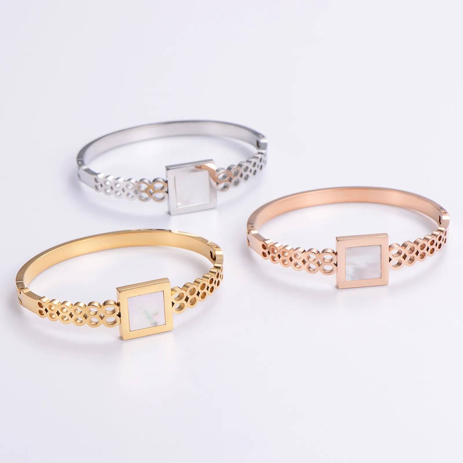 Geometric Square Mother Of Artificial Pearl Inlay 304 Stainless Steel Bangle Bracelet Elegant Openwork Design Jewelry For Women