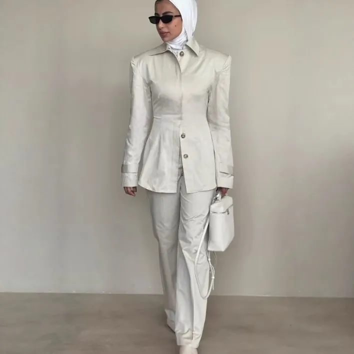 Women Suit Set Long Sleeve Lapel Cinched Waist Top And Straight Leg Pants Polyester Elegant Commuter Modest Gray