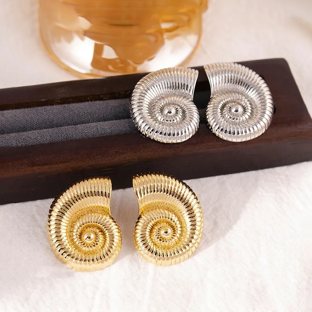 Nautilus Shell Stud Earrings Copper Metal With 925 Sterling Silver Earring Post Vintage Exaggerated Style For Women