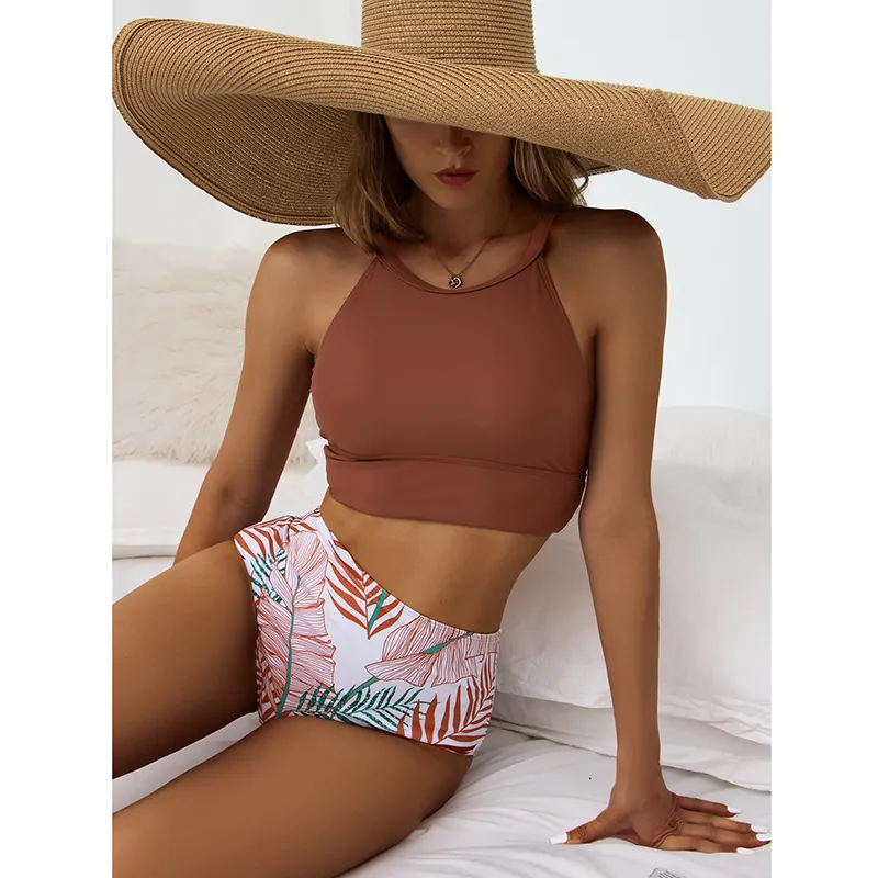 Women Halter Neck Swimwear Top And High Waisted Bottom Tropical Leaf Print Padded Bikini For Beach Holiday Vacation