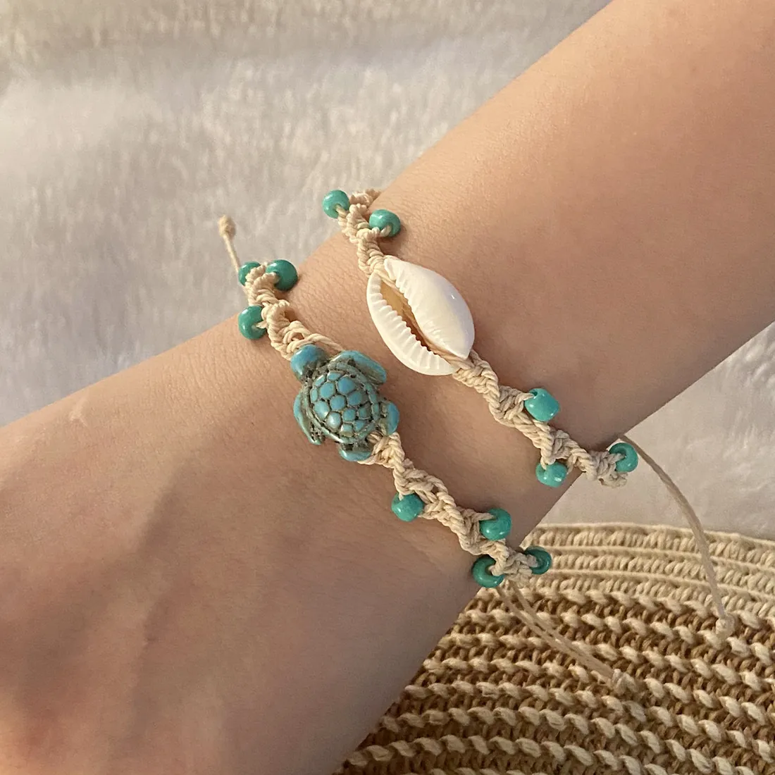 Bohemian Handgefertigtes Gewebtes Armband Mit Muschel Schildkröte Türkis Reisperlen Verstellbarer Strand Schmuck Damen