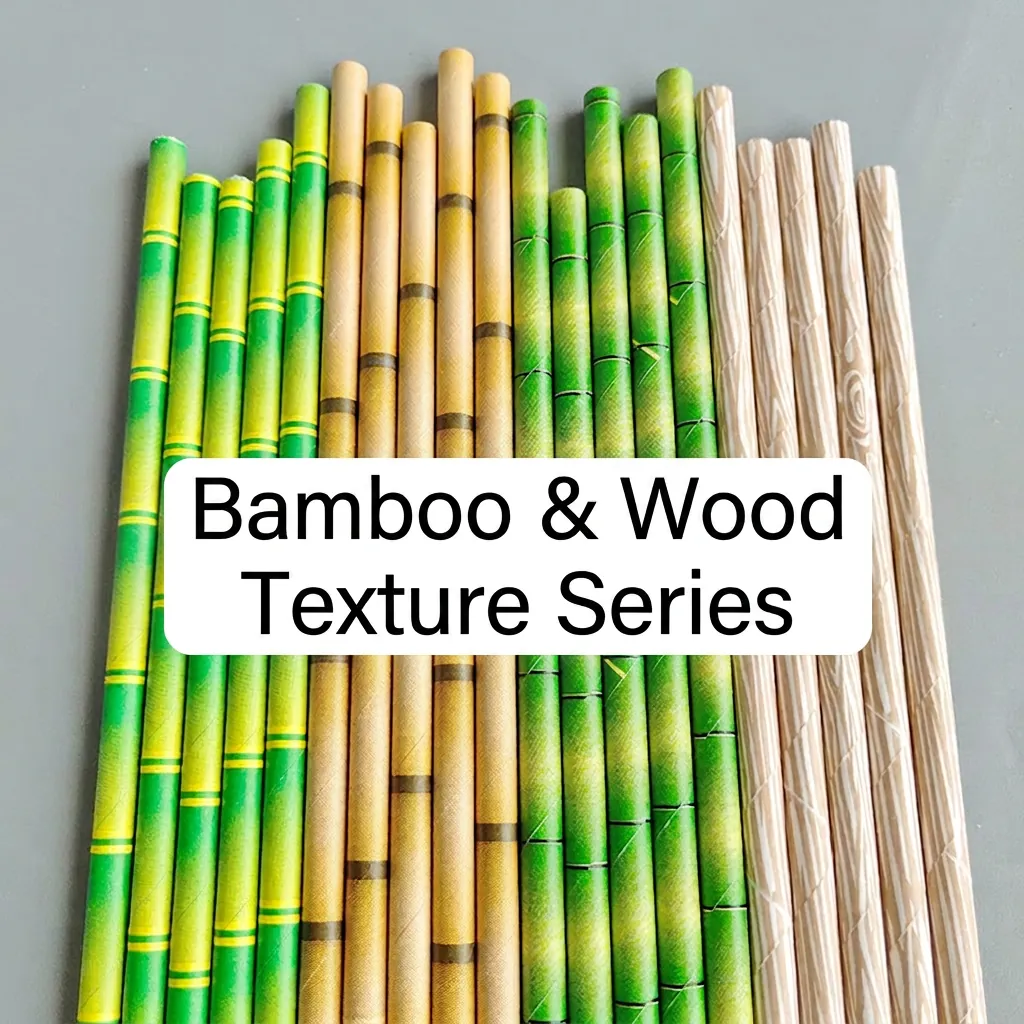 Disposable Paper Straws Eco Friendly Biodegradable Bamboo Pattern Wood Grain Drinking Straws For Party Cold Beverage