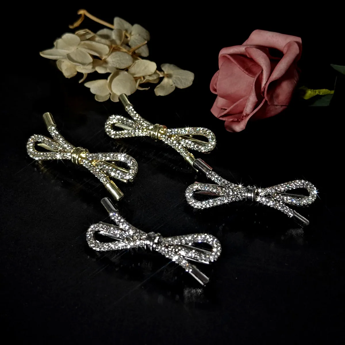 Alloy Rhinestone Bow Knot Hair Clips And Smile Letter Barrette Elegant Shiny Duckbill Side Clips For Women Girls
