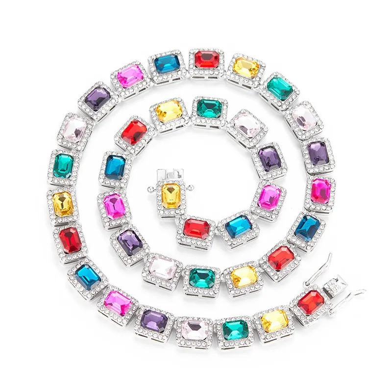 Multicolored Zircon Square Cut Alloy Necklace Hip Hop Miami Cuban Link Chain Streetwear Fashion Jewelry For Men Women
