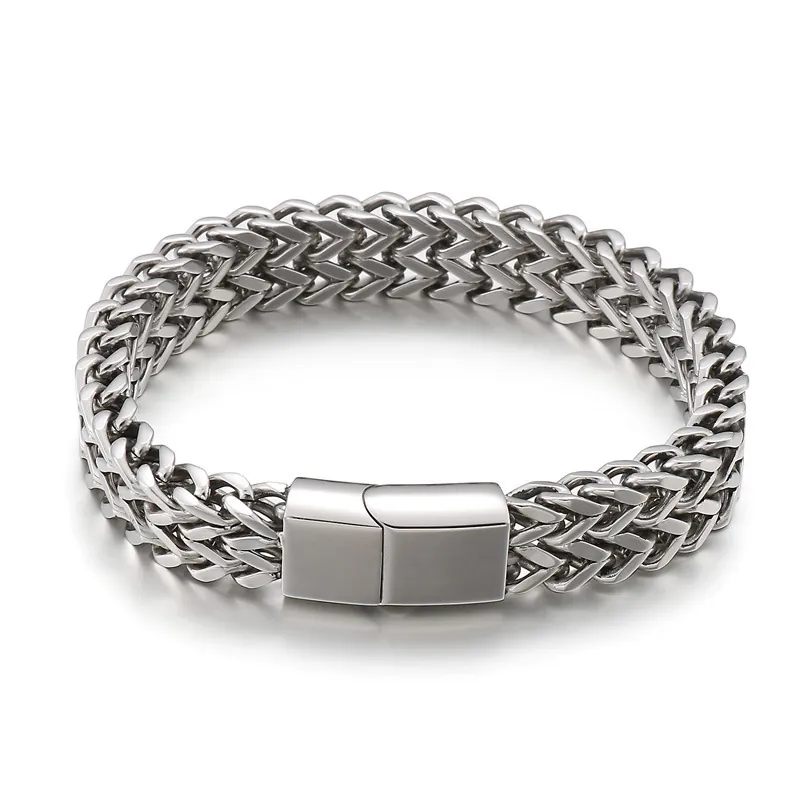 Men Double Row Woven Chain Bracelet Titanium Steel Wheat Link Hip Hop Punk Jewelry With Magnetic Buckle