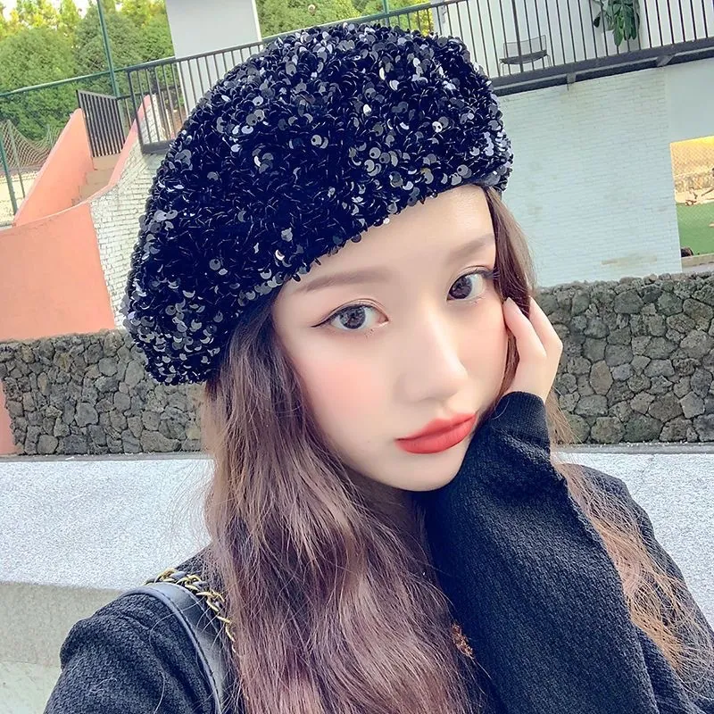 Shiny Sequin Beret Hat Glitter Fashion Artist Painter Cap Retro Versatile Party Streetwear Headwear For Women