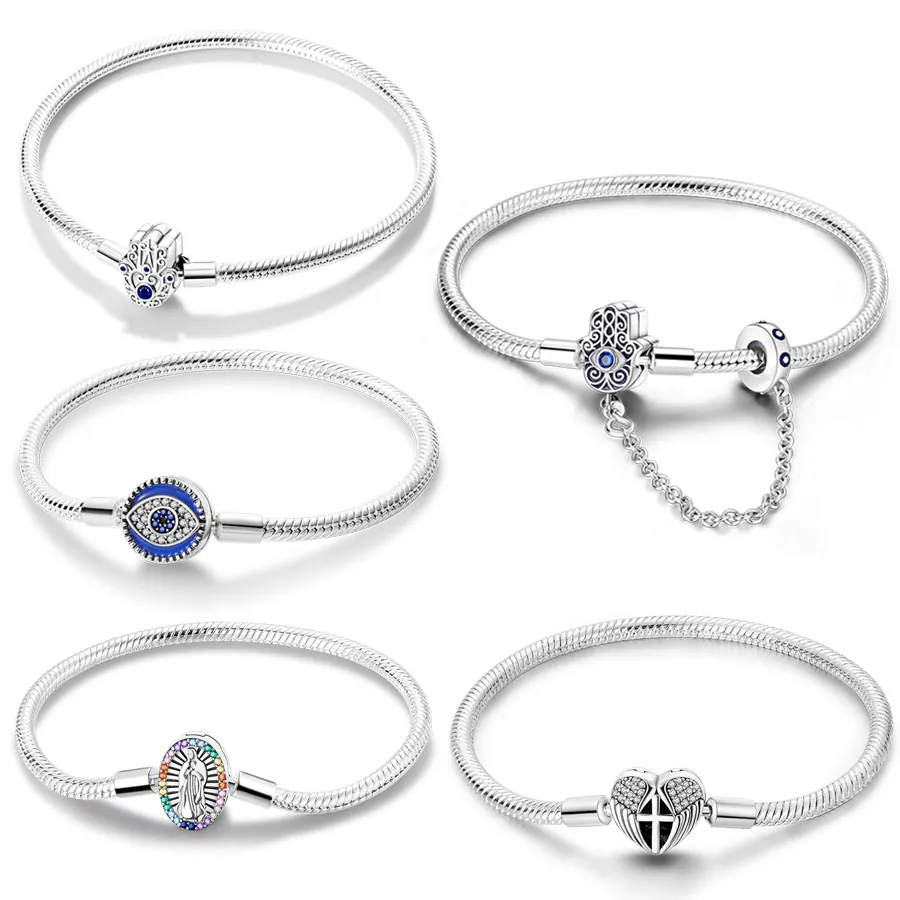 Snake Bone Chain Bracelet 925 Sterling Silver Plated Copper Zircon Hamsa Hand Evil Eye Religious Charms Women Fashion